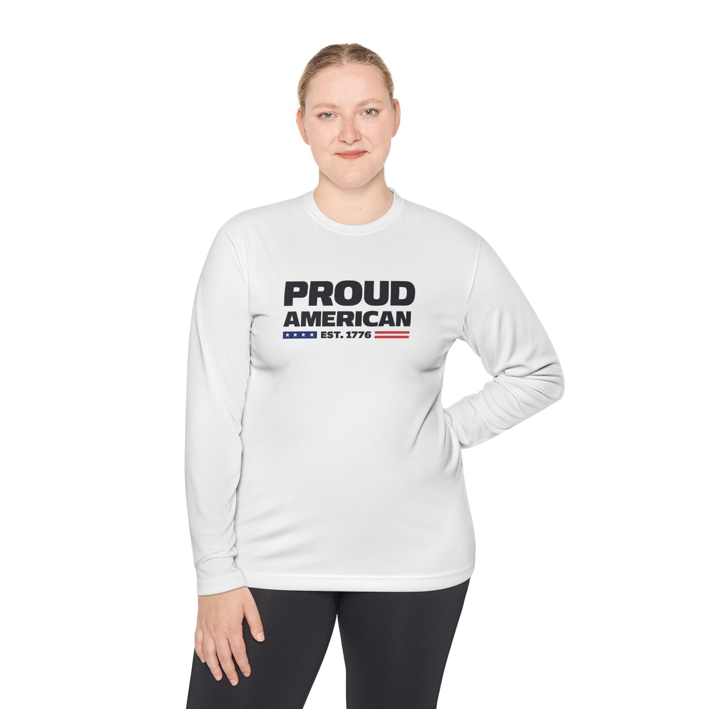 Proud American Long Sleeve Tee — "Proud American" Patriotic USA Shirt (Est. 1776)
