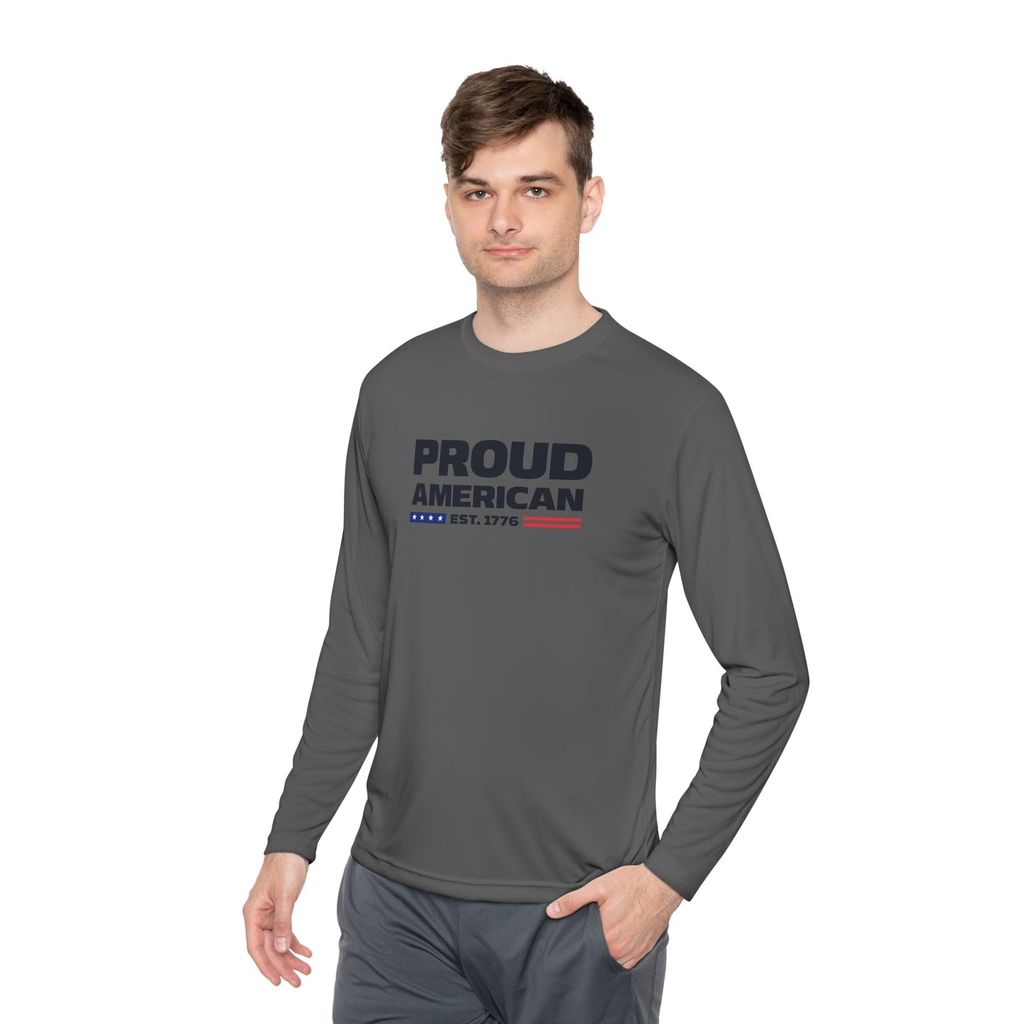 Proud American Long Sleeve Tee — "Proud American" Patriotic USA Shirt (Est. 1776)