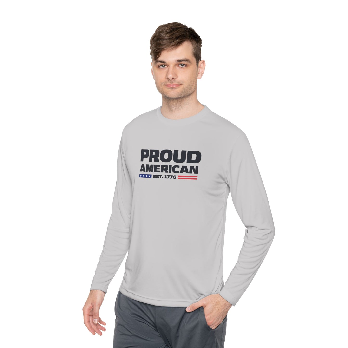 Proud American Long Sleeve Tee — "Proud American" Patriotic USA Shirt (Est. 1776)