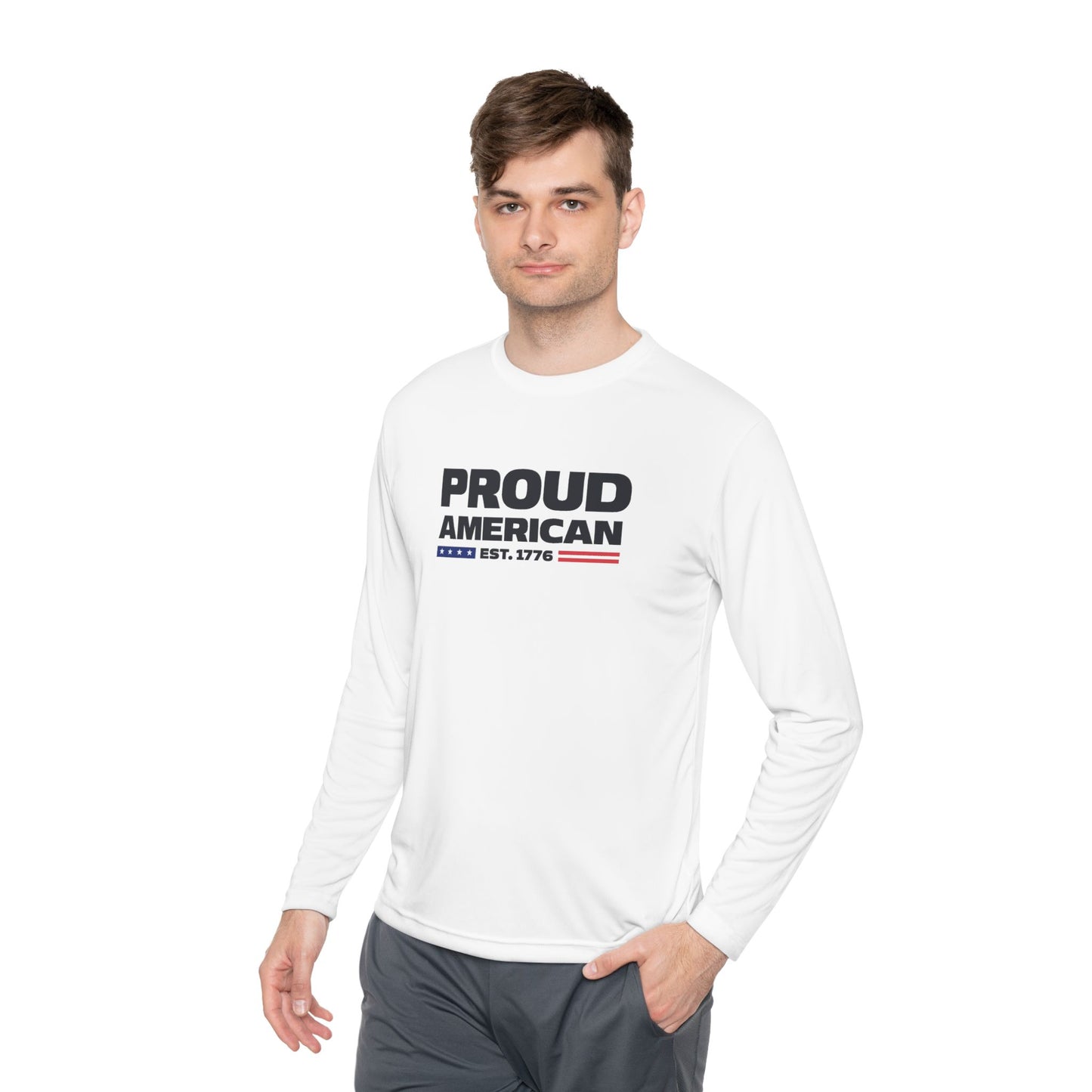 Proud American Long Sleeve Tee — "Proud American" Patriotic USA Shirt (Est. 1776)